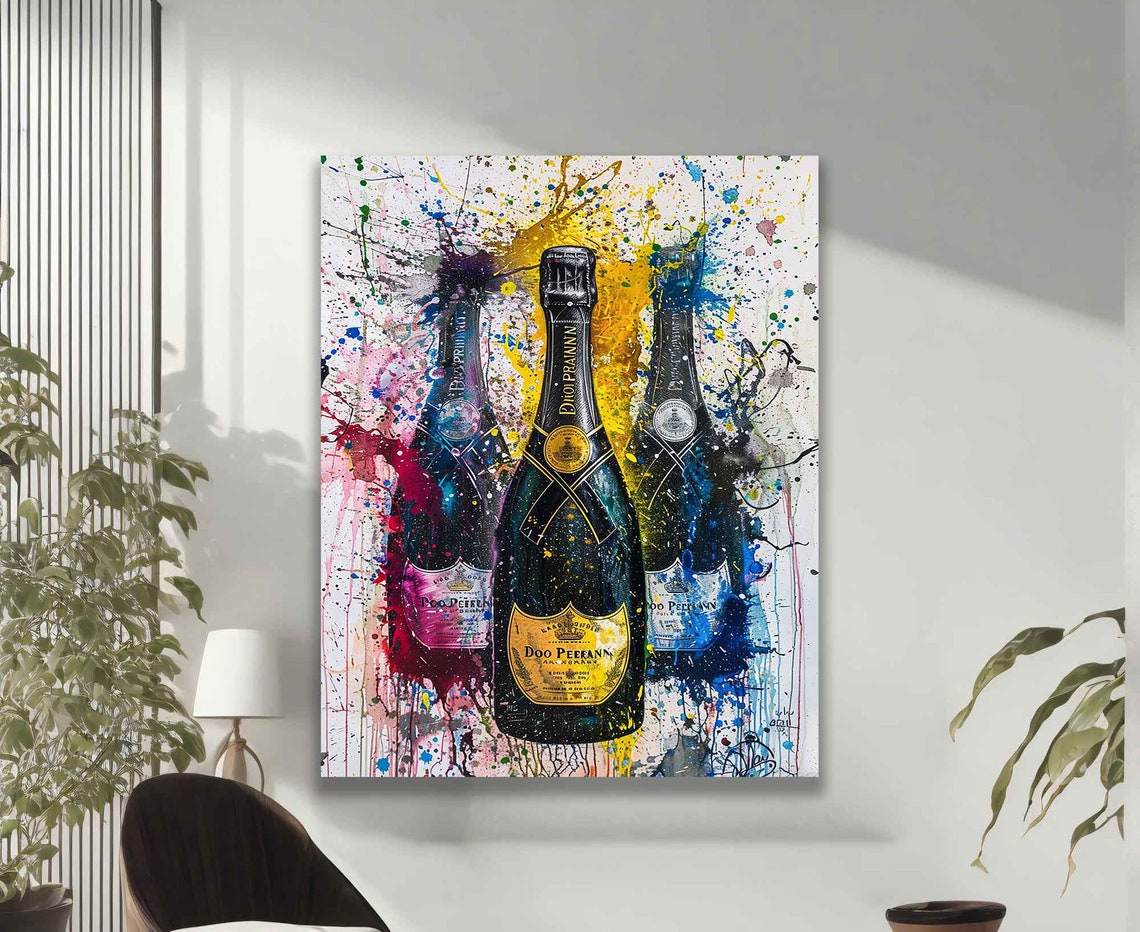 Champagne Bottles Trio Vivid Paint Splatter Modern Party Decor Poster - Image 2