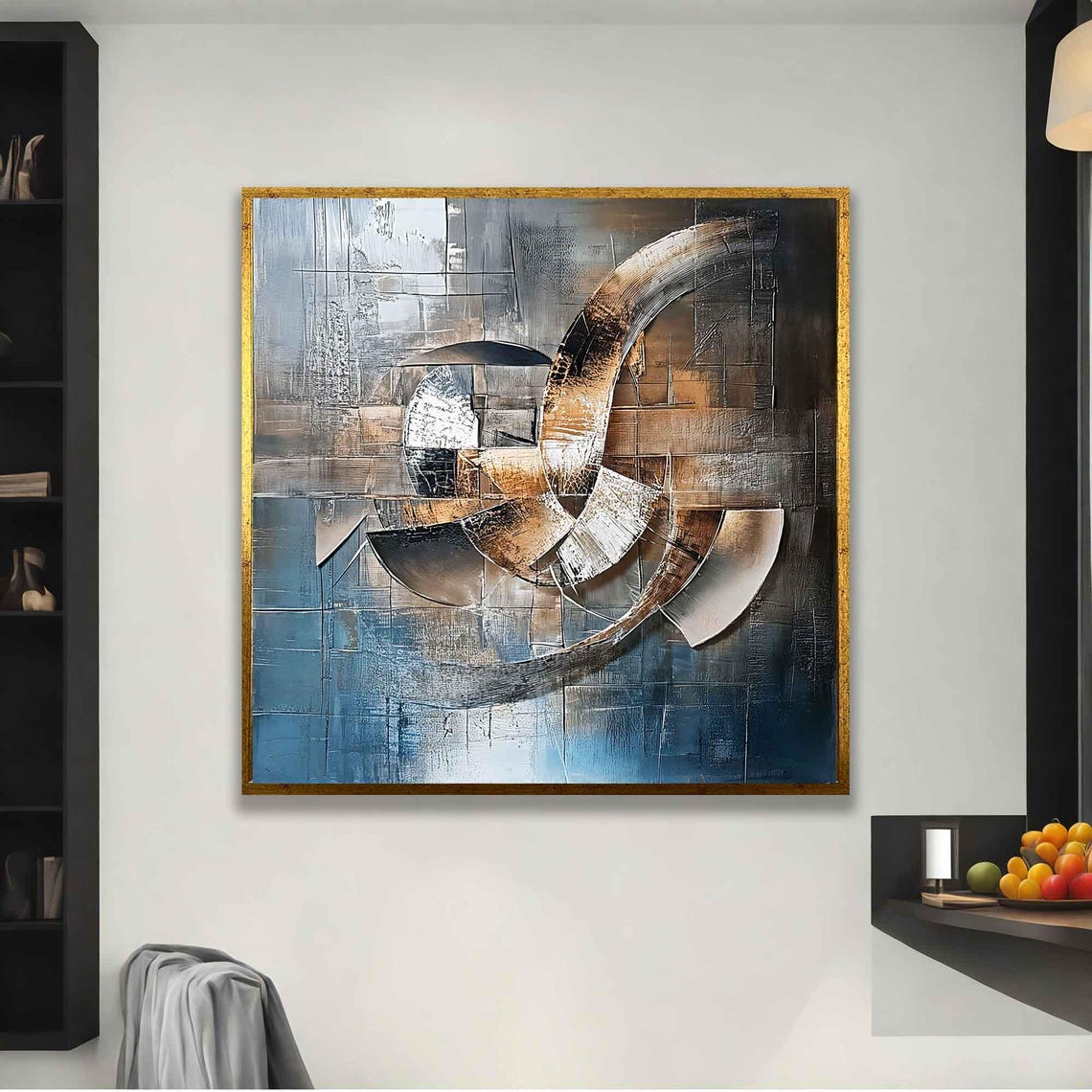 Metallic Copper Silver Circles Geometric Blue Gray Modern Art Poster - Image 2
