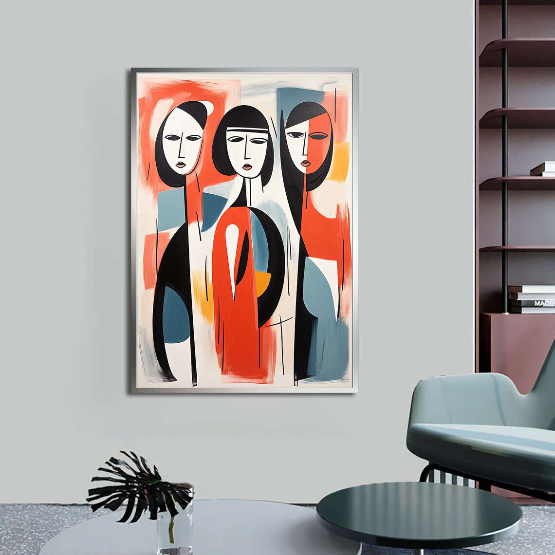 Three Abstract Women Figurative Cubist Painting Red Blue Modern Wall Art Print - Image 5
