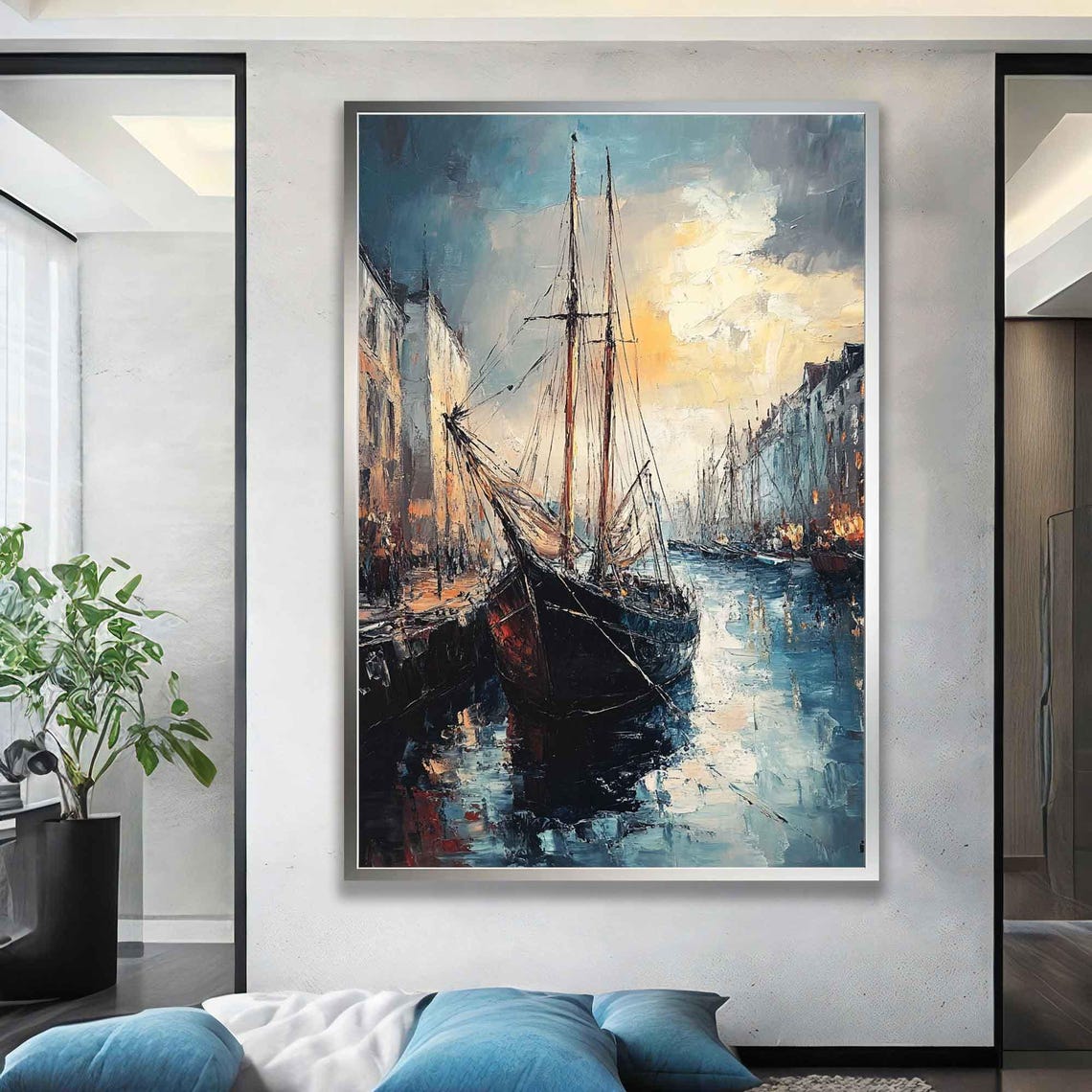 Tall Sailing Ship Harbor Sunset Impressionist Oil Painting Poster - Image 2