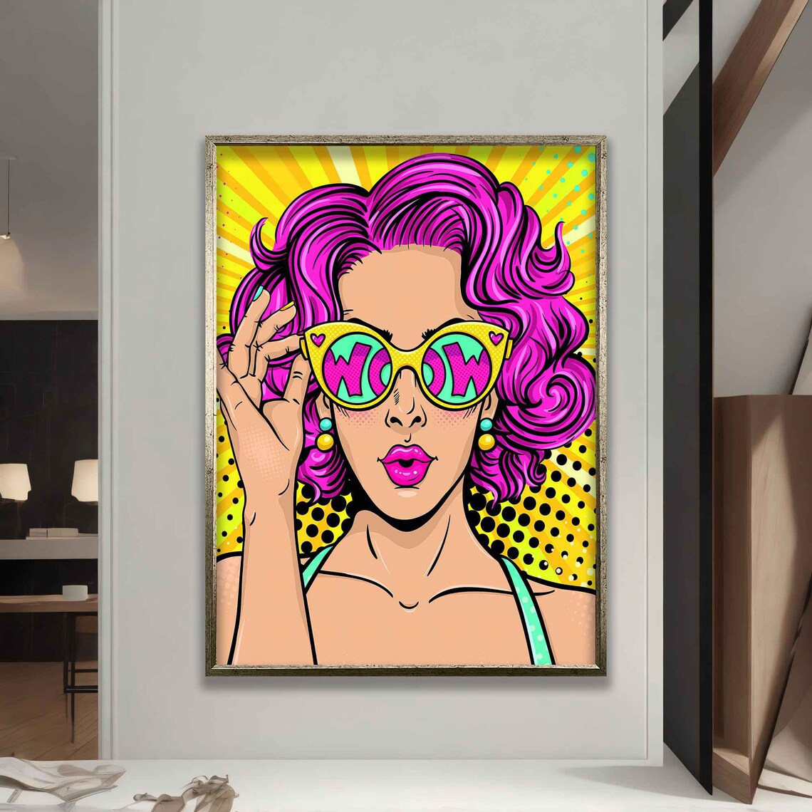 Pop Art Woman Wow Sunglasses Pink Hair Comic Style Colorful Wall Art Print