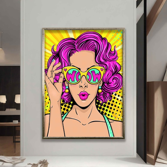 Pop Art Woman Wow Sunglasses Pink Hair Comic Style Colorful Wall Art Print