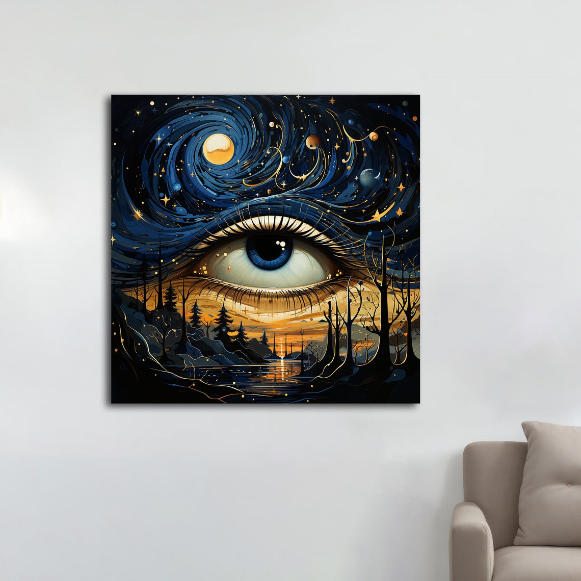 Cosmic Eye Night Sky Stars Forest Lake Surreal Dreamy Galaxy Wall Art - Image 2
