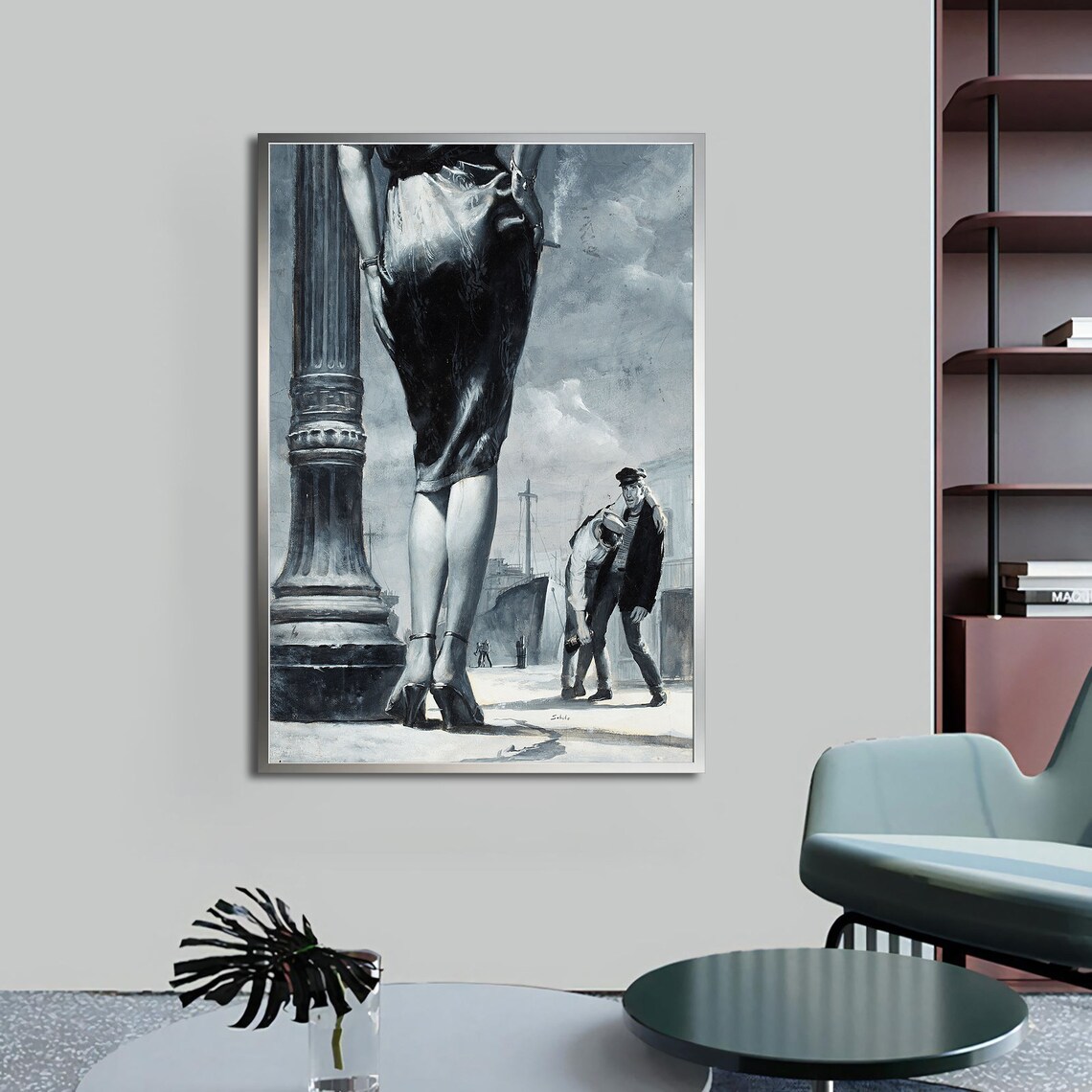 Noir Style Woman Legs Column Dock Scene Vintage Pulp Painting Wall Art Print - Image 3