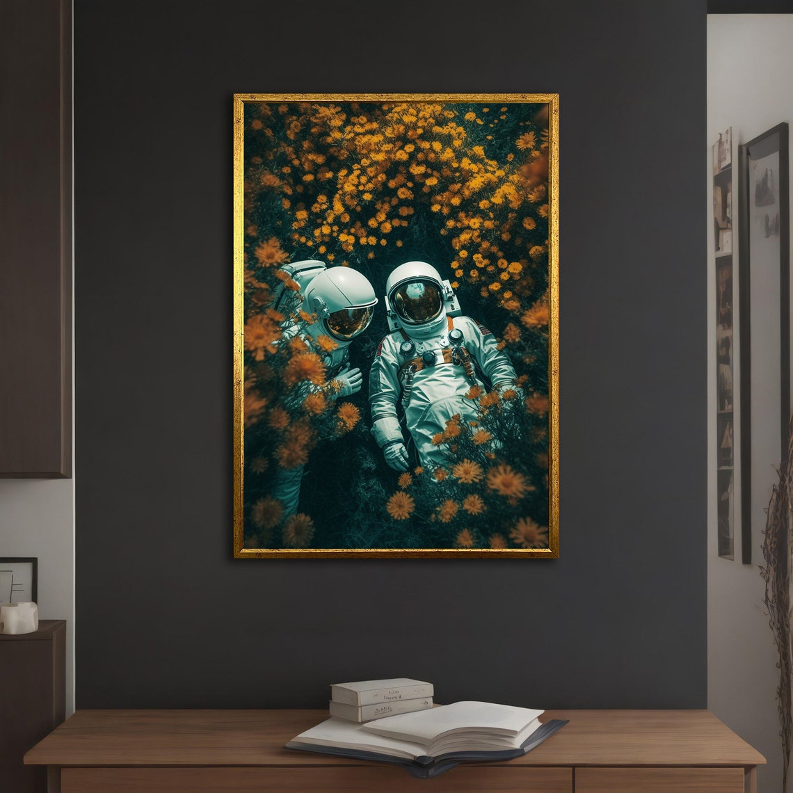 Two Astronauts Resting Among Yellow Wildflowers Aerial View Art Poster - Image 5