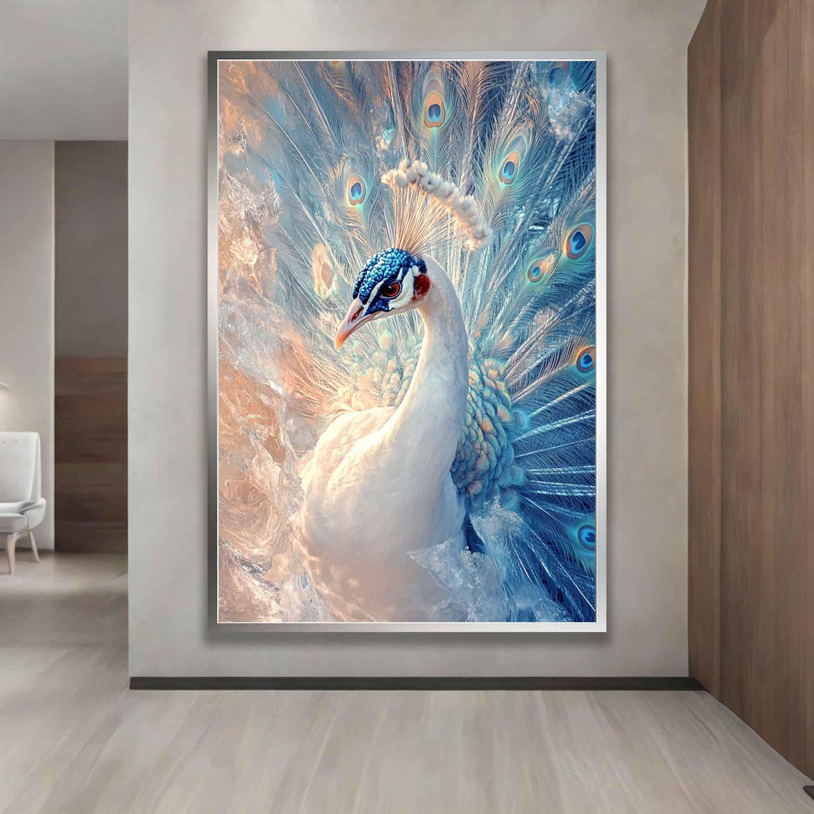 White Peacock Full Plumage Painting Blue Gold Elegant Bird Wall Poster - Image 5