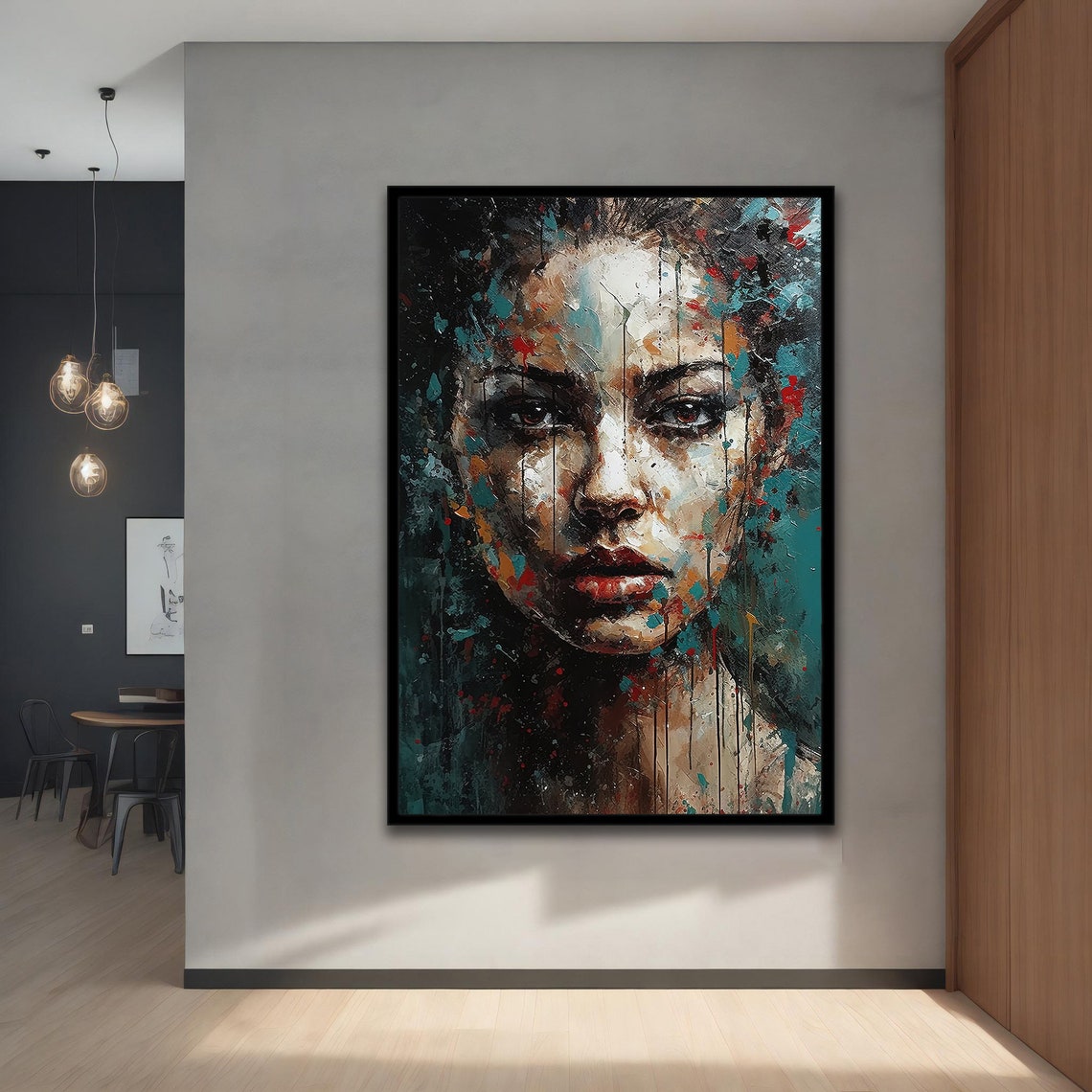 Abstract Woman Face Paint Drips Teal Dark Modern Portrait Poster - Image 4