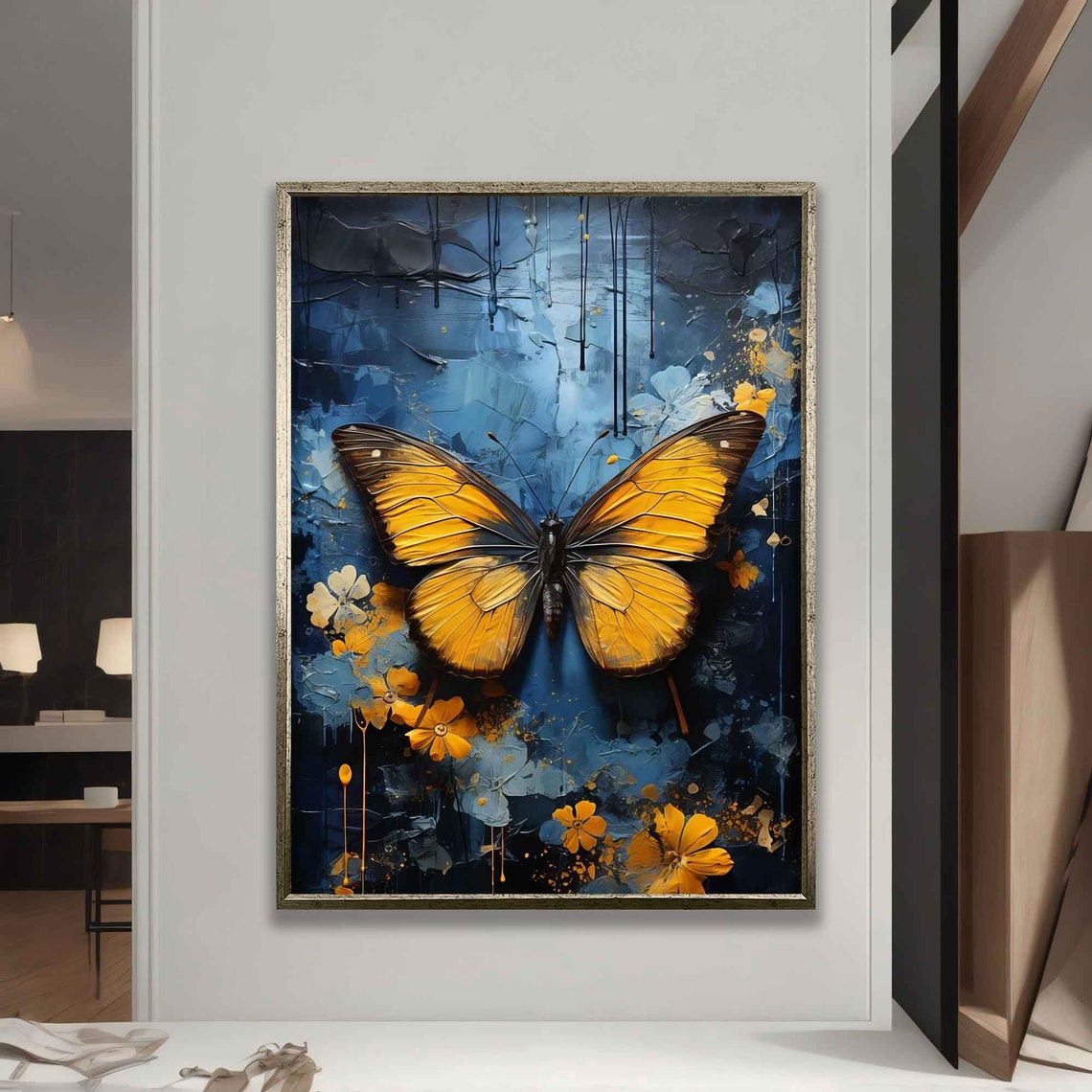 Golden Butterfly on Dark Blue Floral Abstract Art Wall Poster - Image 4