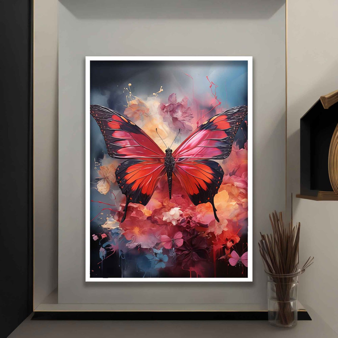 Pink Butterfly with Blossom Floral Burst Colorful Art Wall Poster - Image 4