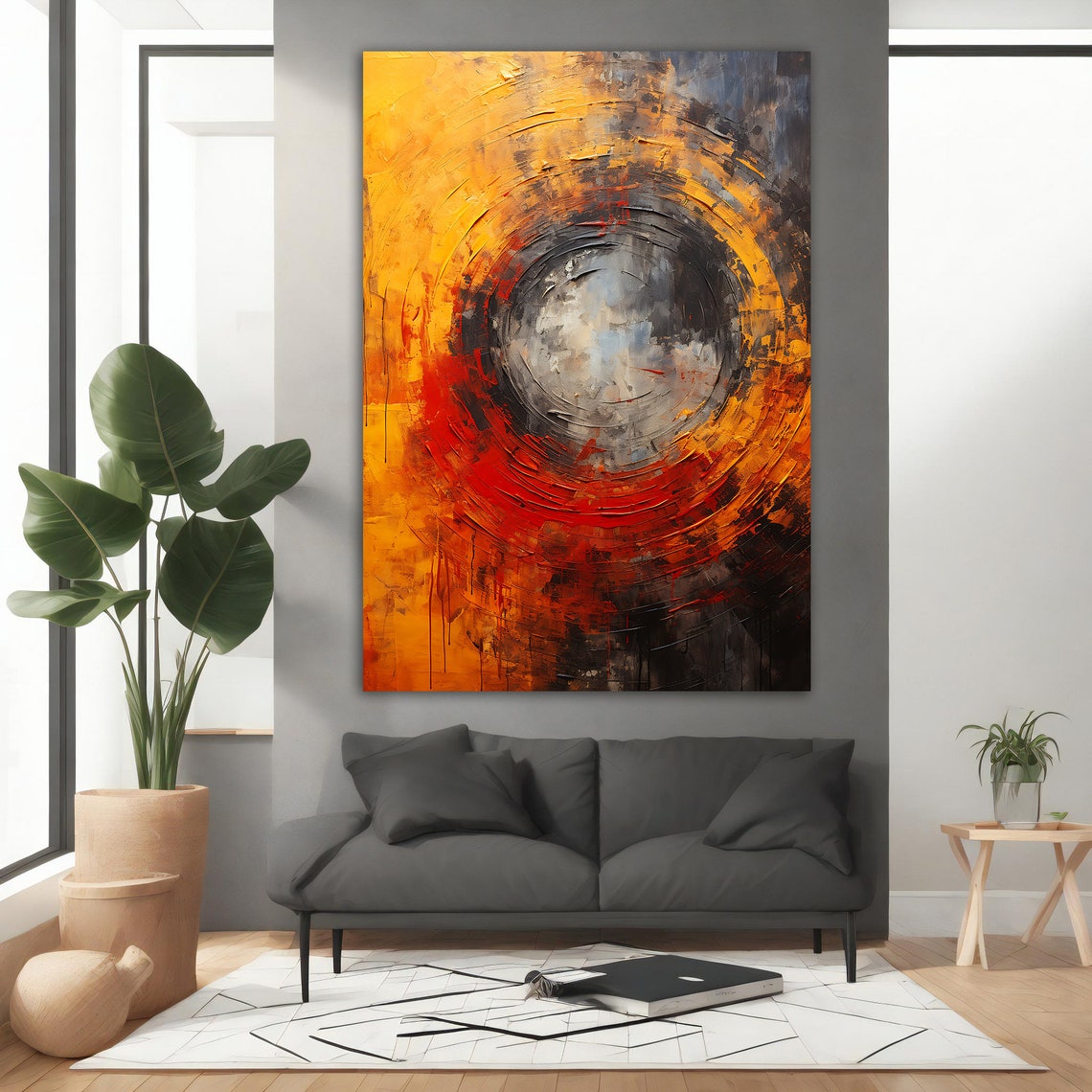 Fiery Abstract Swirl Circle Yellow Orange Red Textured Wall Art - Image 4