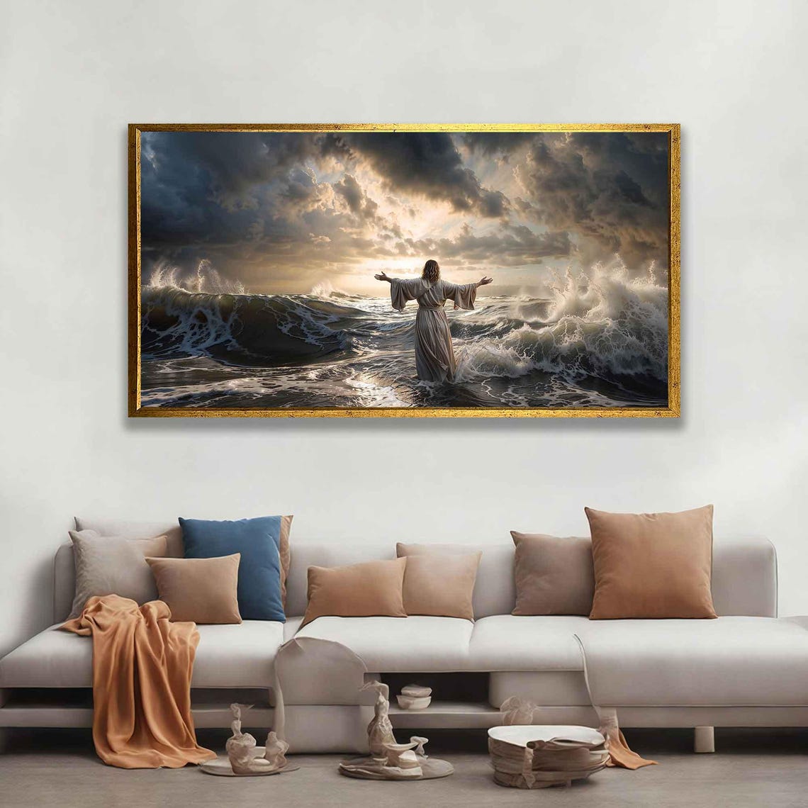 Jesus Calming Stormy Ocean Waves Arms Open Dramatic Sunset Art Poster - Image 2