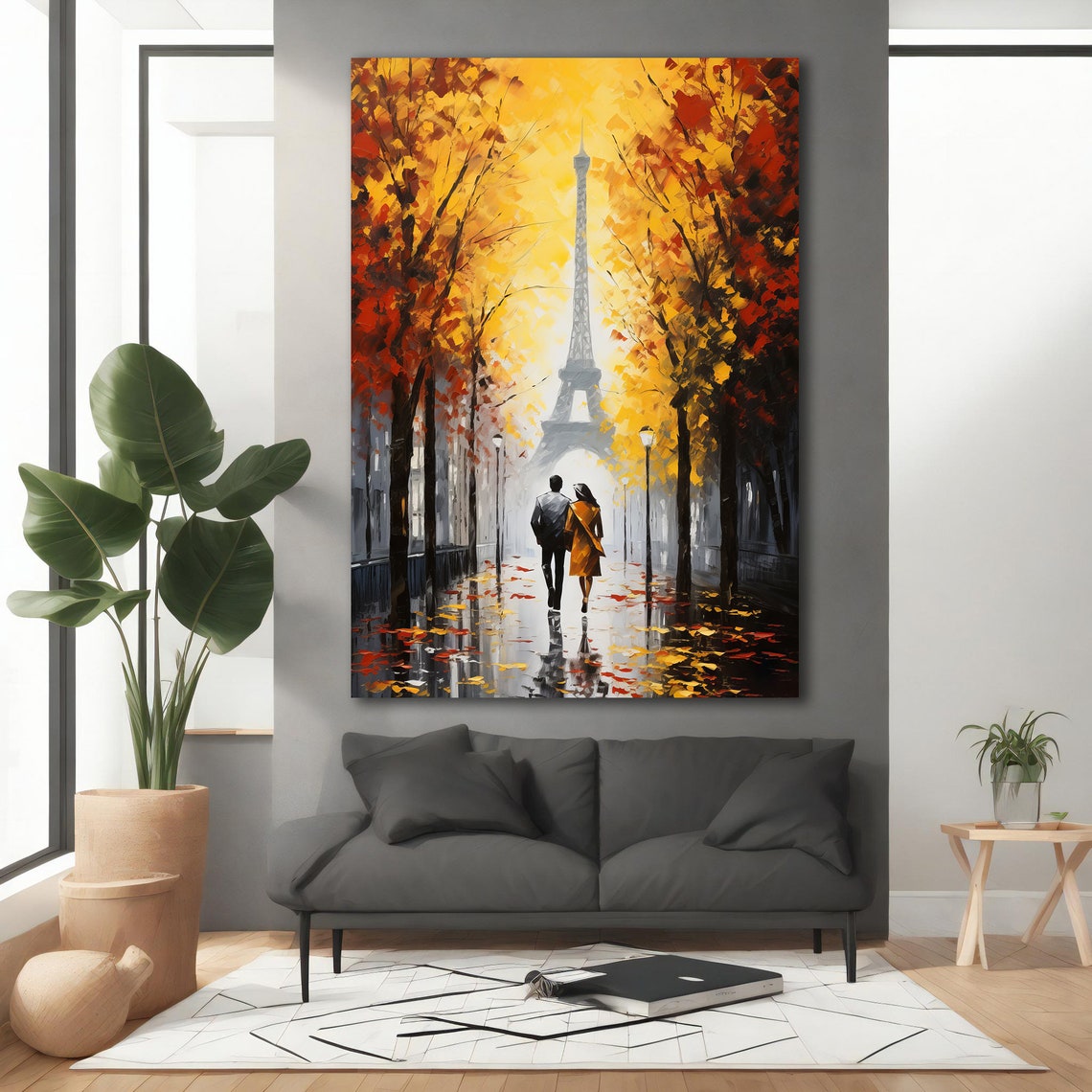 Paris Eiffel Tower Autumn Golden Leaves Romantic Couple Stroll Poster - Image 3