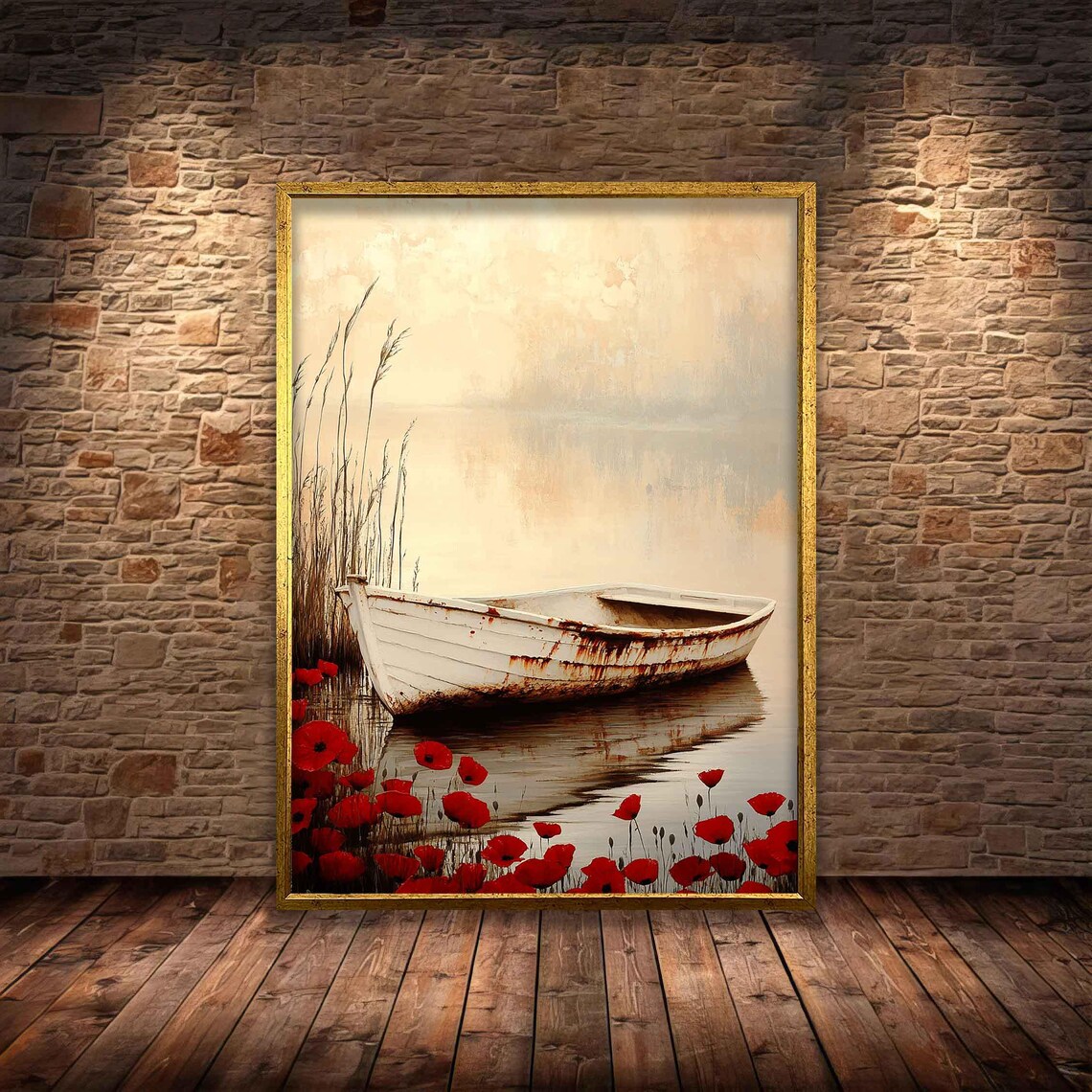 White Rowboat With Red Poppies Misty Lake Watercolor Serene Poster