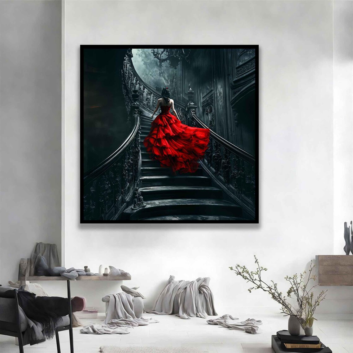 Woman in Red Dress on Gothic Staircase Painting Dramatic Dark Wall Poster - Image 4