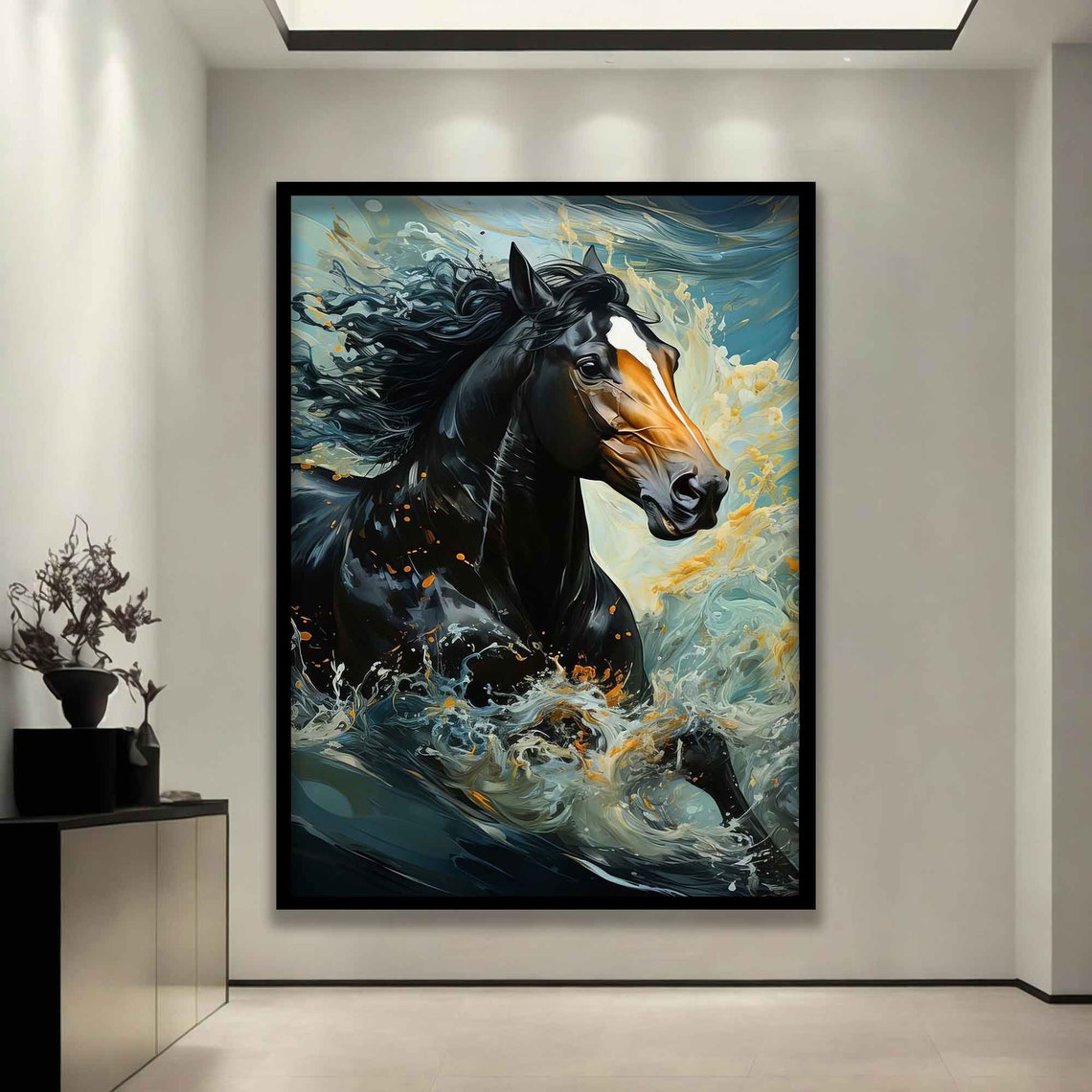 Black Horse Galloping Through Ocean Waves Dramatic Sea Art Poster - Image 5