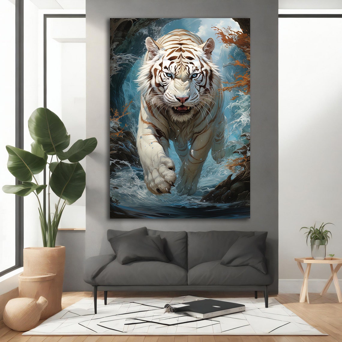 White Tiger Walking Through Blue Water Splashes Wild Eyes Poster - Image 3