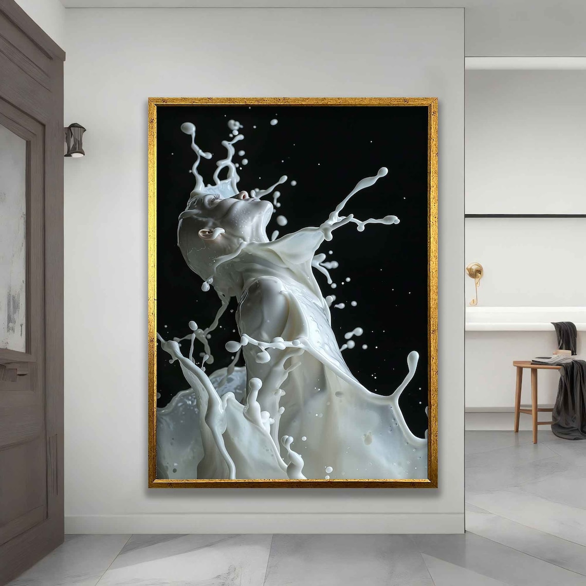 White Milk Splash Woman Silhouette Striking Black Background Art Poster - Image 4
