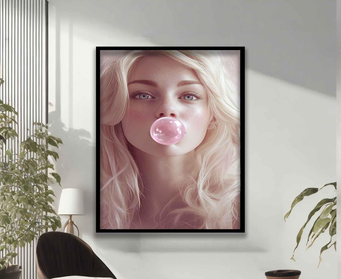Freckled Blonde Woman Blowing Pink Bubble Gum Close Up Portrait Poster - Image 3