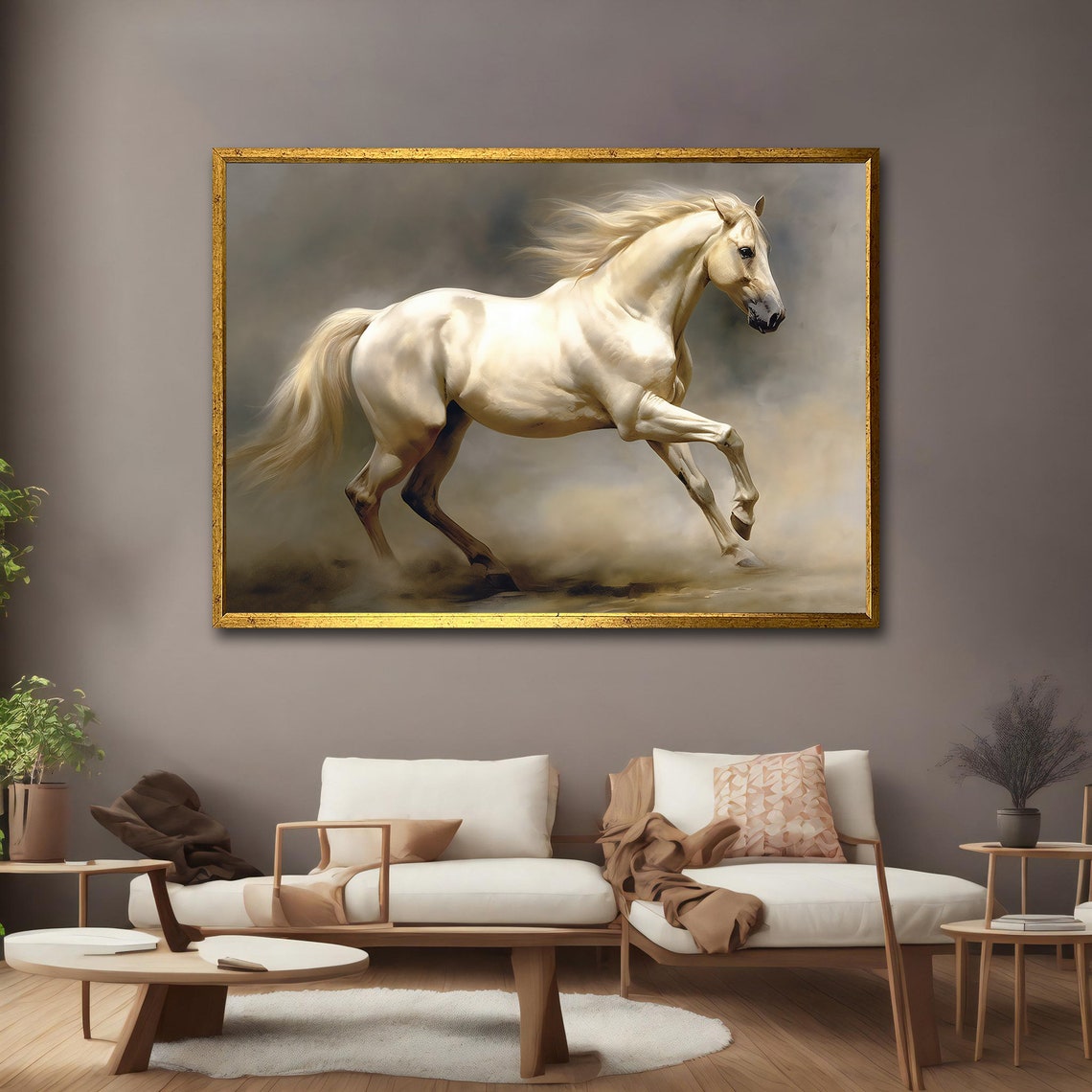 White Horse Galloping Through Golden Mist Dust Majestic Running Poster - Image 3