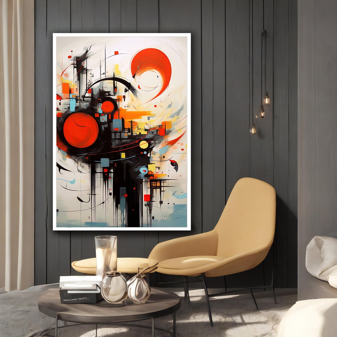 Abstract Black Line Art Red Circles Modern Urban Sketch Wall Art - Image 2