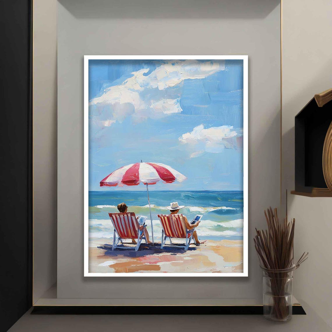 Red White Striped Umbrella Beach Couple Ocean View Painting Poster
