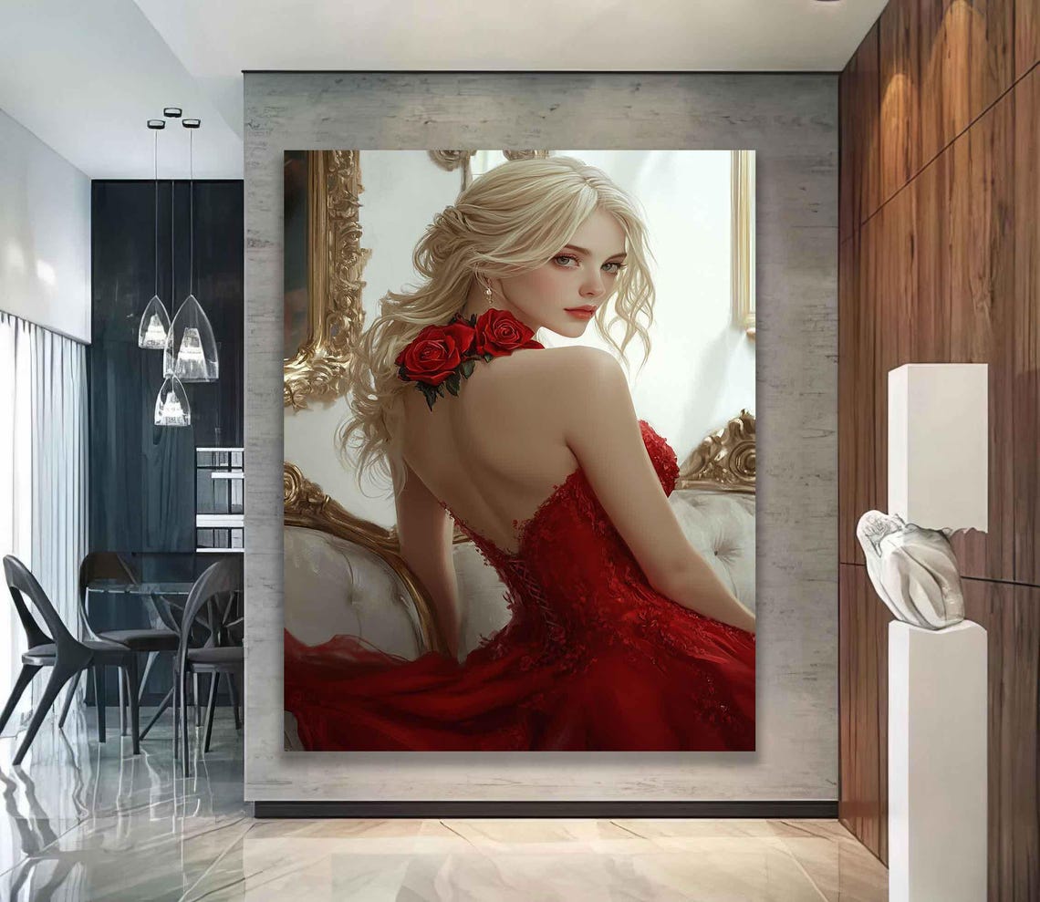 Elegant Blonde Woman Red Roses Gown Mirror Glamour Portrait Art Poster - Image 4
