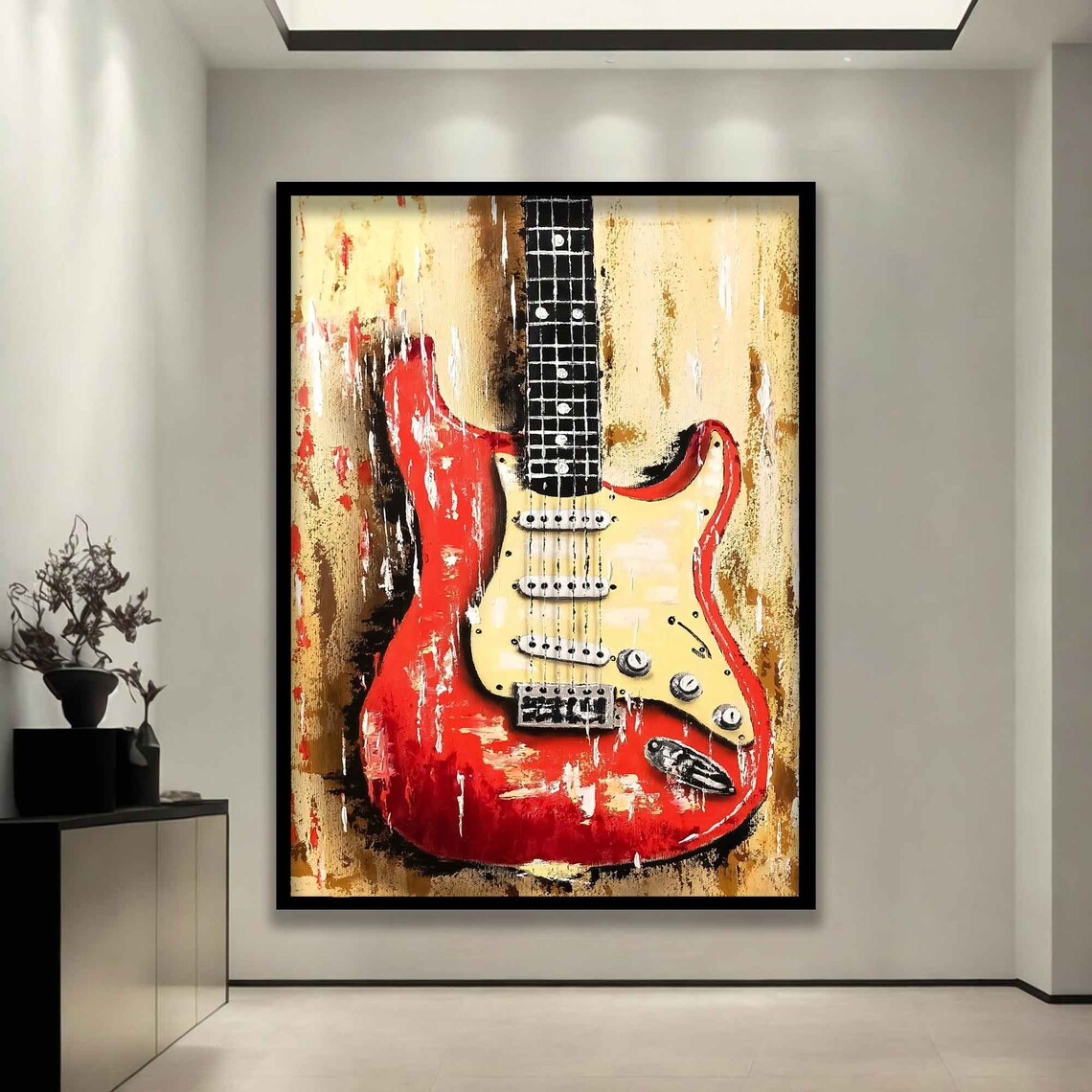 Red Electric Guitar Painting Vintage Rock Music Art Wall Poster