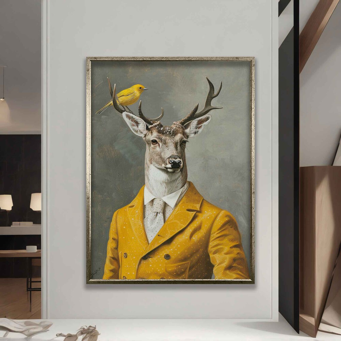 Dapper Stag In Mustard Suit Yellow Bird On Antler Whimsical Portrait Poster - Image 5