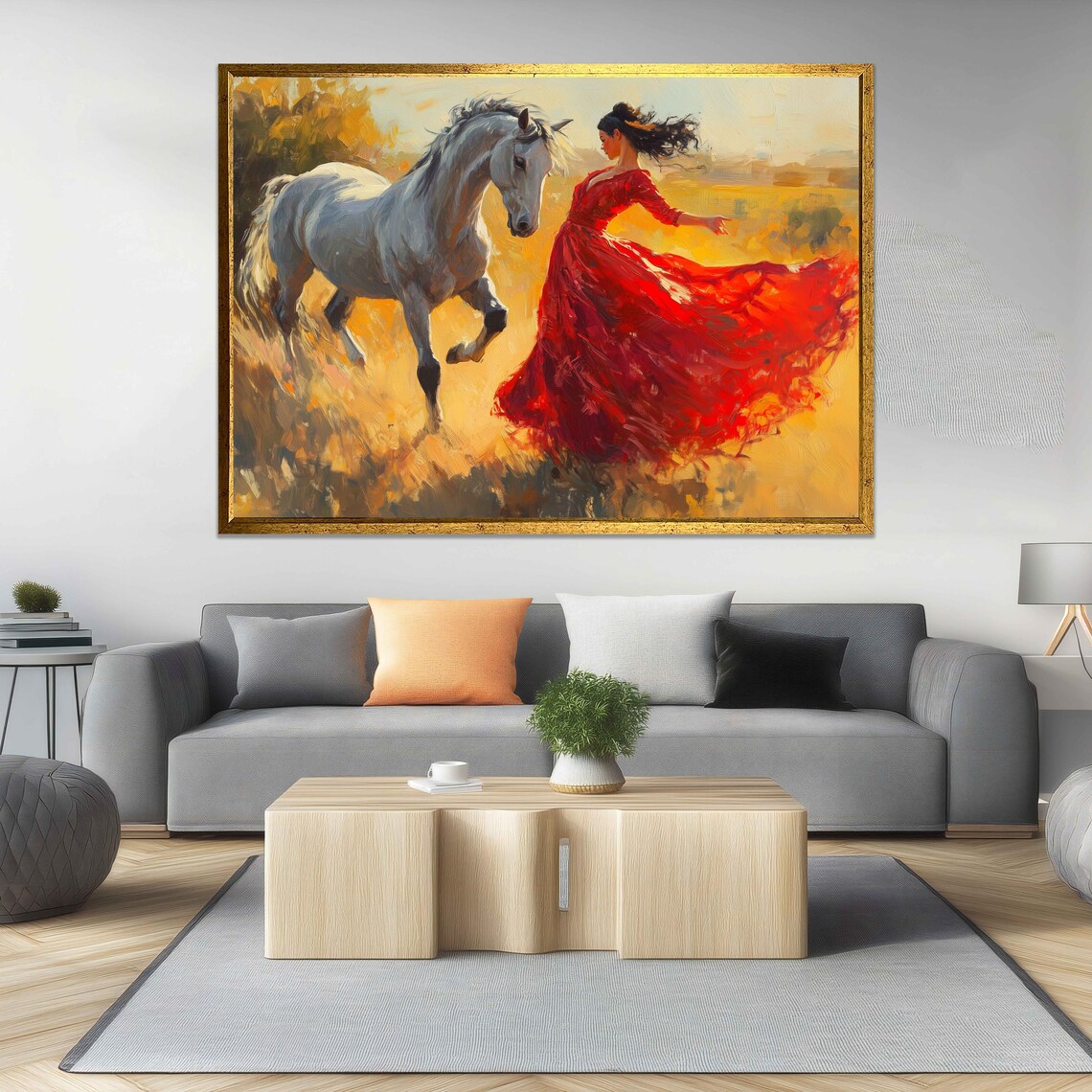 Woman Red Dress Dancing Grey Horse Golden Autumn Field Painting Poster - Image 2