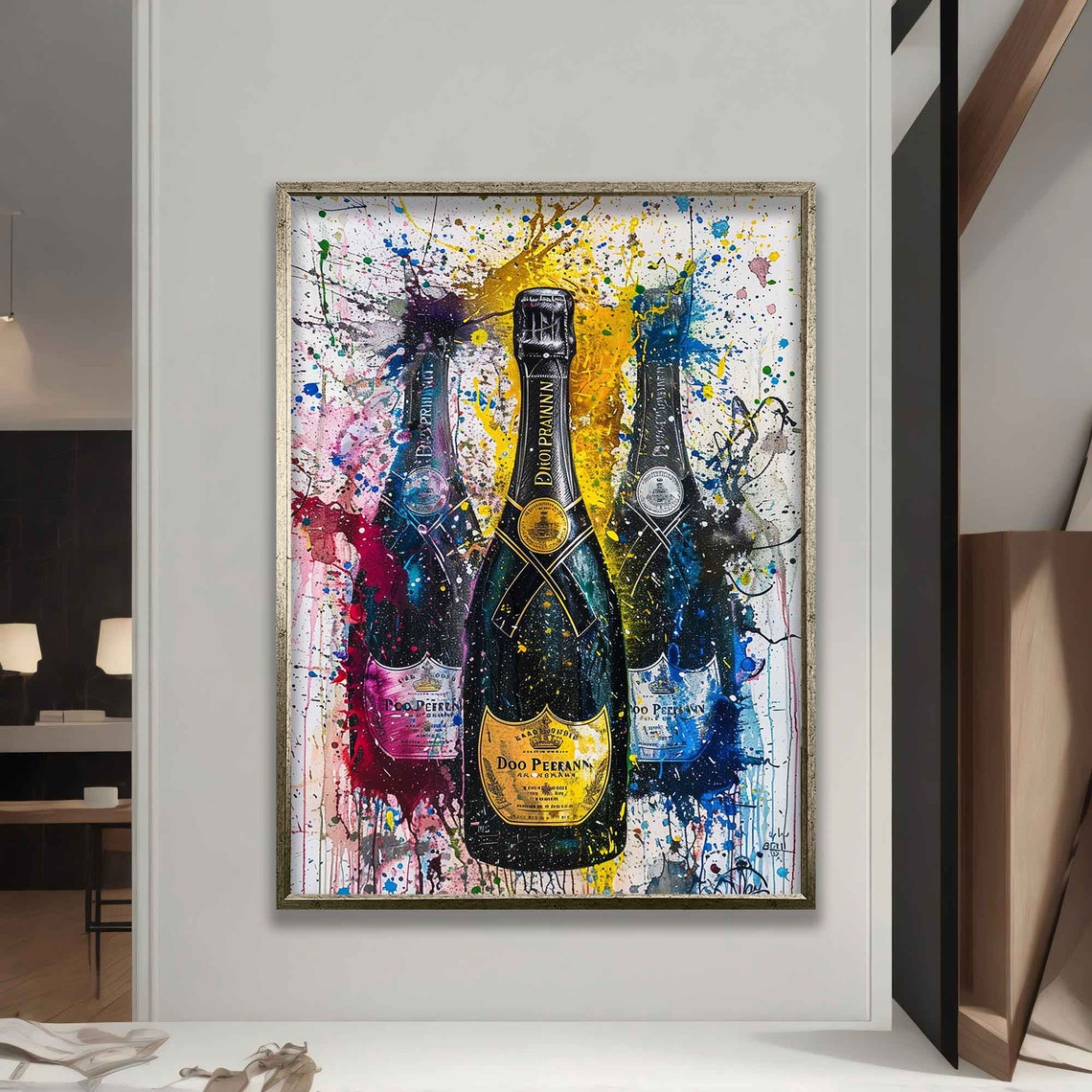 Champagne Bottles Trio Vivid Paint Splatter Modern Party Decor Poster - Image 4