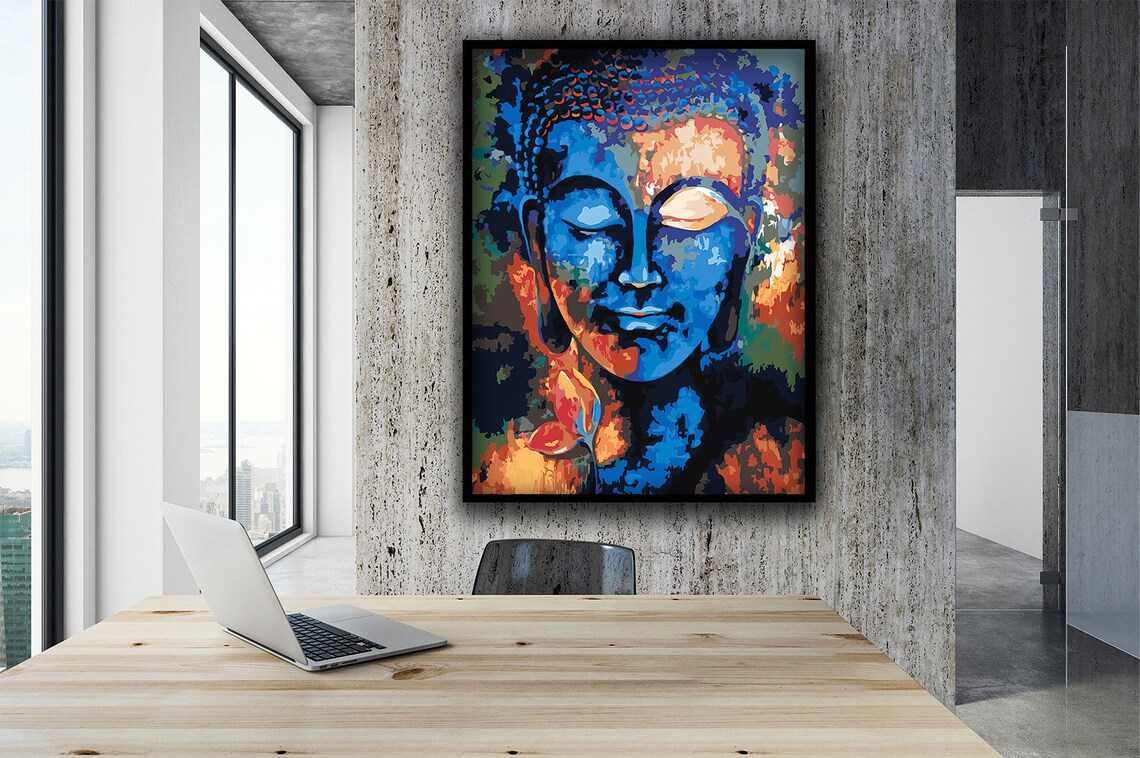 Colorful Blue Orange Abstract Buddha Face Meditation Spiritual Wall Art Poster - Image 2