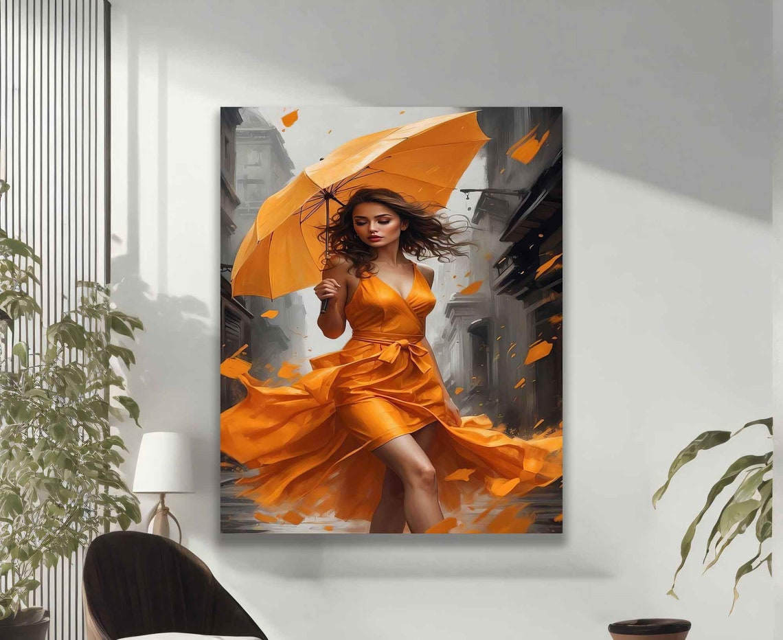 Woman with Orange Umbrella in City Street Vivid Art Wall Poster - Image 2