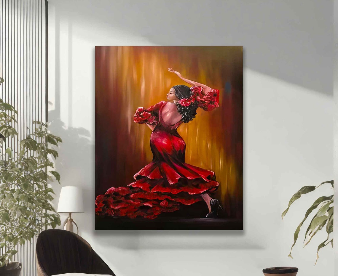Flamenco Dancer Red Ruffled Gown Mid Twirl Golden Stage Dance Poster - Image 2