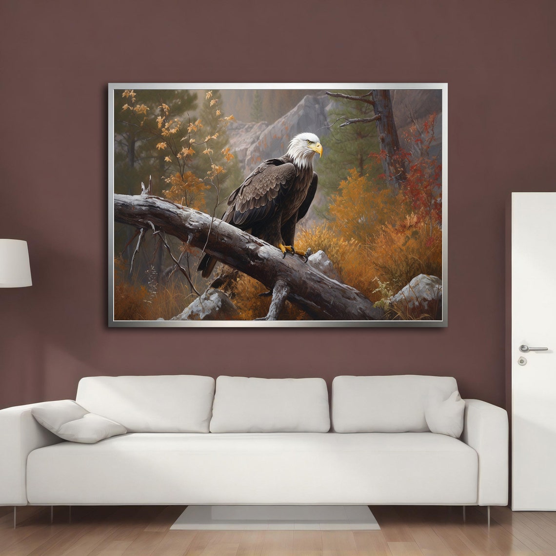 Bald Eagle Perched Fallen Log Autumn Forest Golden Foliage Poster - Image 3