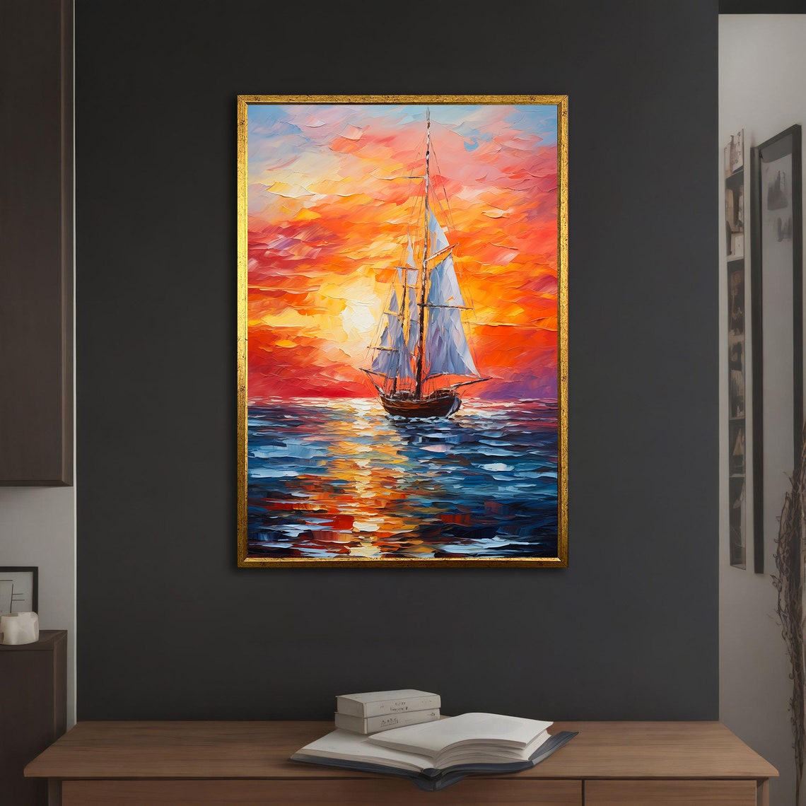 White Sailboat Blazing Orange Sunset Sky Ocean Waves Oil Art Poster - Image 2