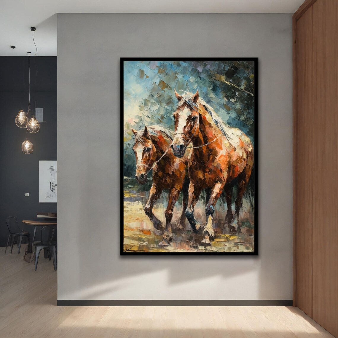 Two Chestnut Horses Running Wild Palette Knife Painting Poster