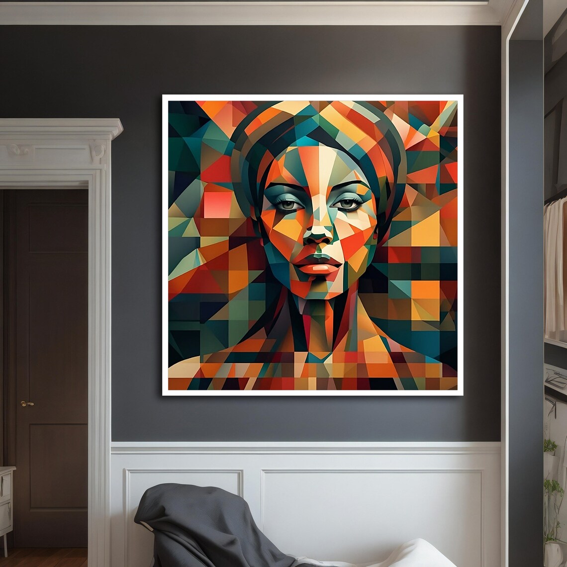Cubist Woman Face Colorful Geometric Mosaic Orange Teal Modern Art Print - Image 5