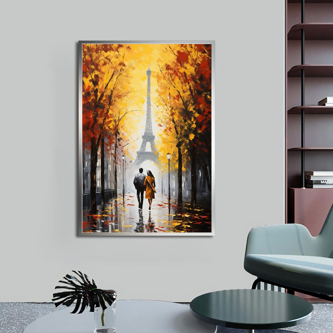 Paris Eiffel Tower Autumn Golden Leaves Romantic Couple Stroll Poster - Image 4