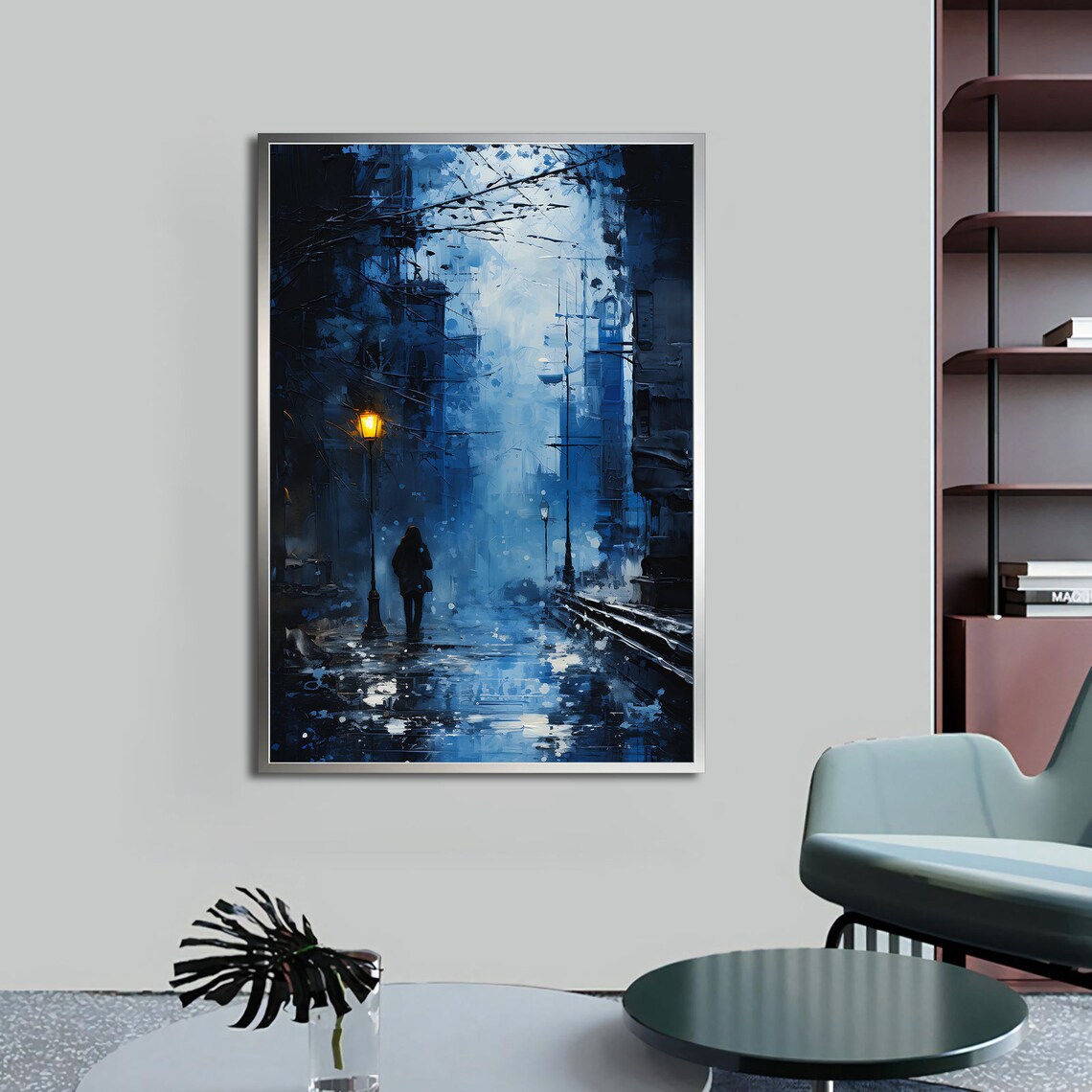 Blue Rainy City Street Night Umbrella Figure Lamp Glow Oil Art Poster - Image 5