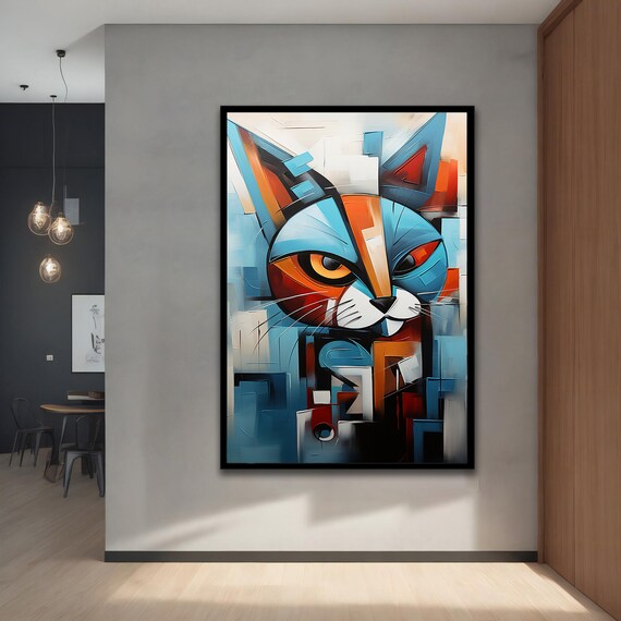 Cubist Blue Orange Cat Face Geometric Abstract Animal Art Poster