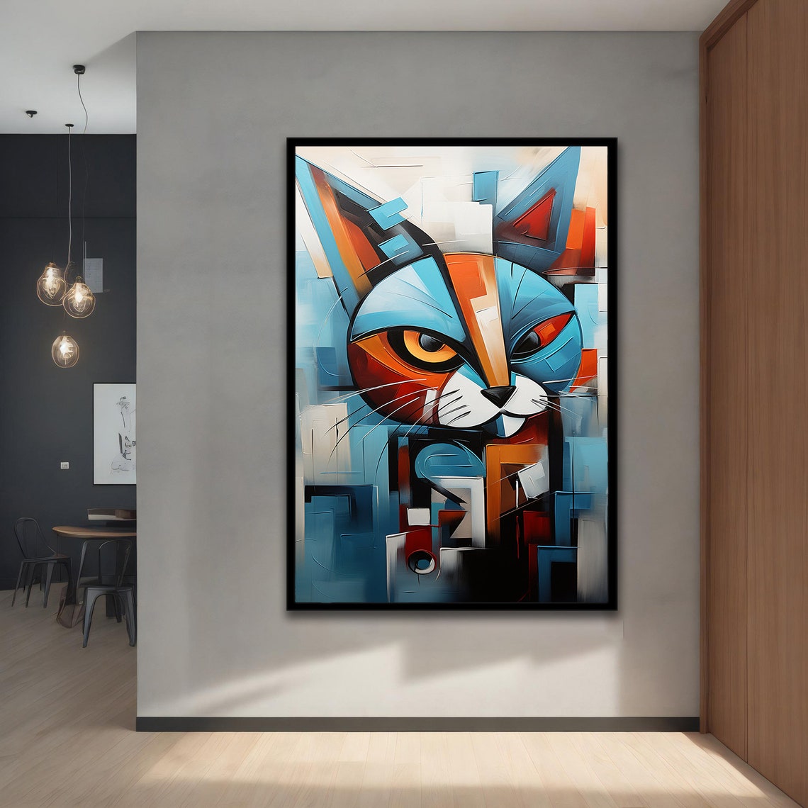 Cubist Blue Orange Cat Face Geometric Abstract Animal Art Poster