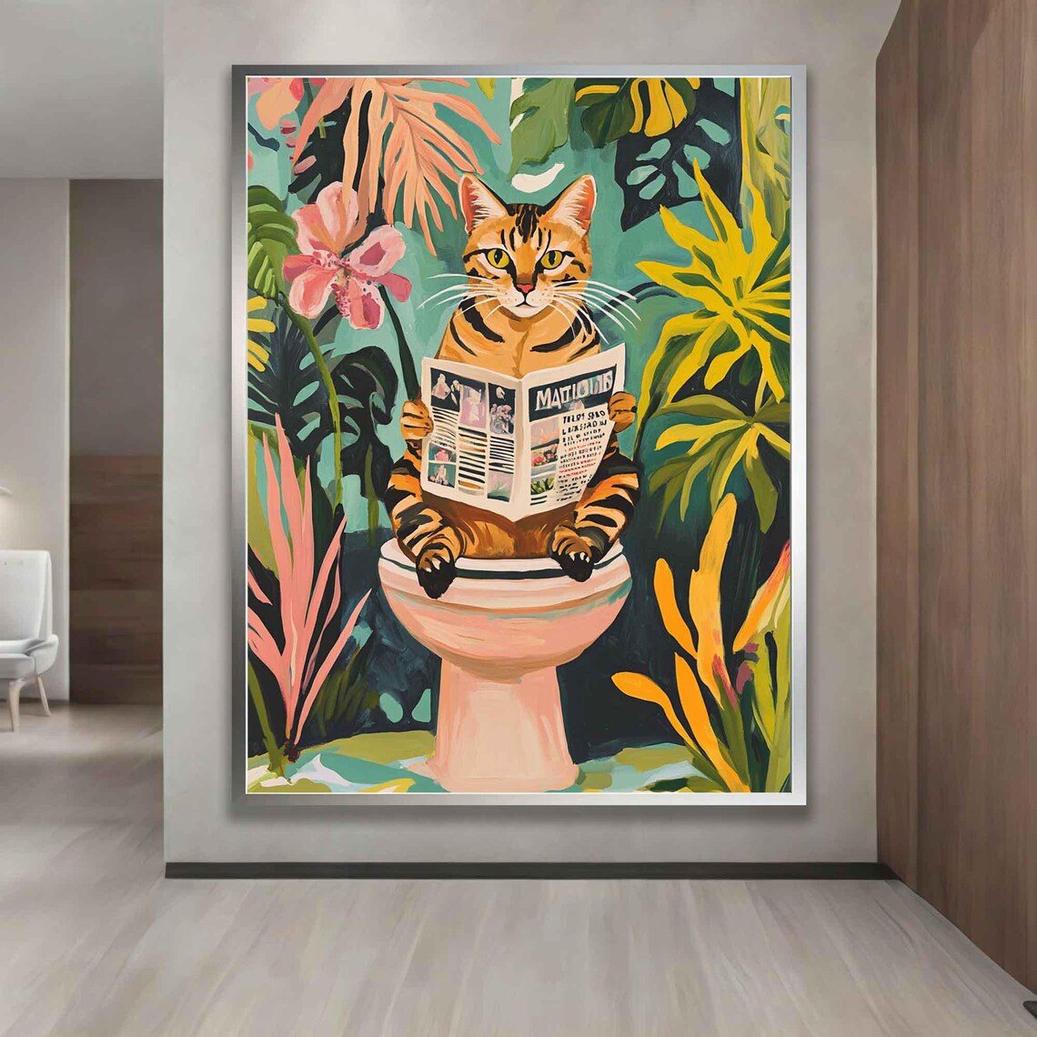 Funny Cat Reading Newspaper on Toilet Bathroom Humor Jungle Leaves Wall Art - Image 5