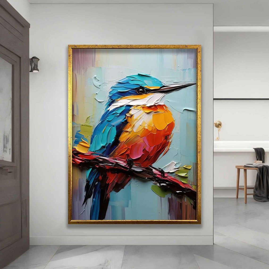 Kingfisher Bird Impasto Paint Blue Orange Branch Art Wall Poster - Image 3