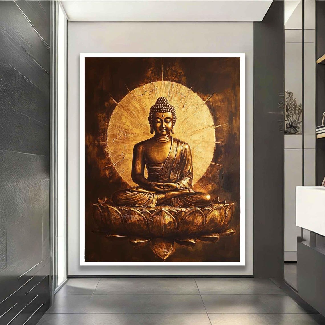 Golden Buddha Meditating On Lotus Dark Bronze Zen Wall Art Print - Image 3