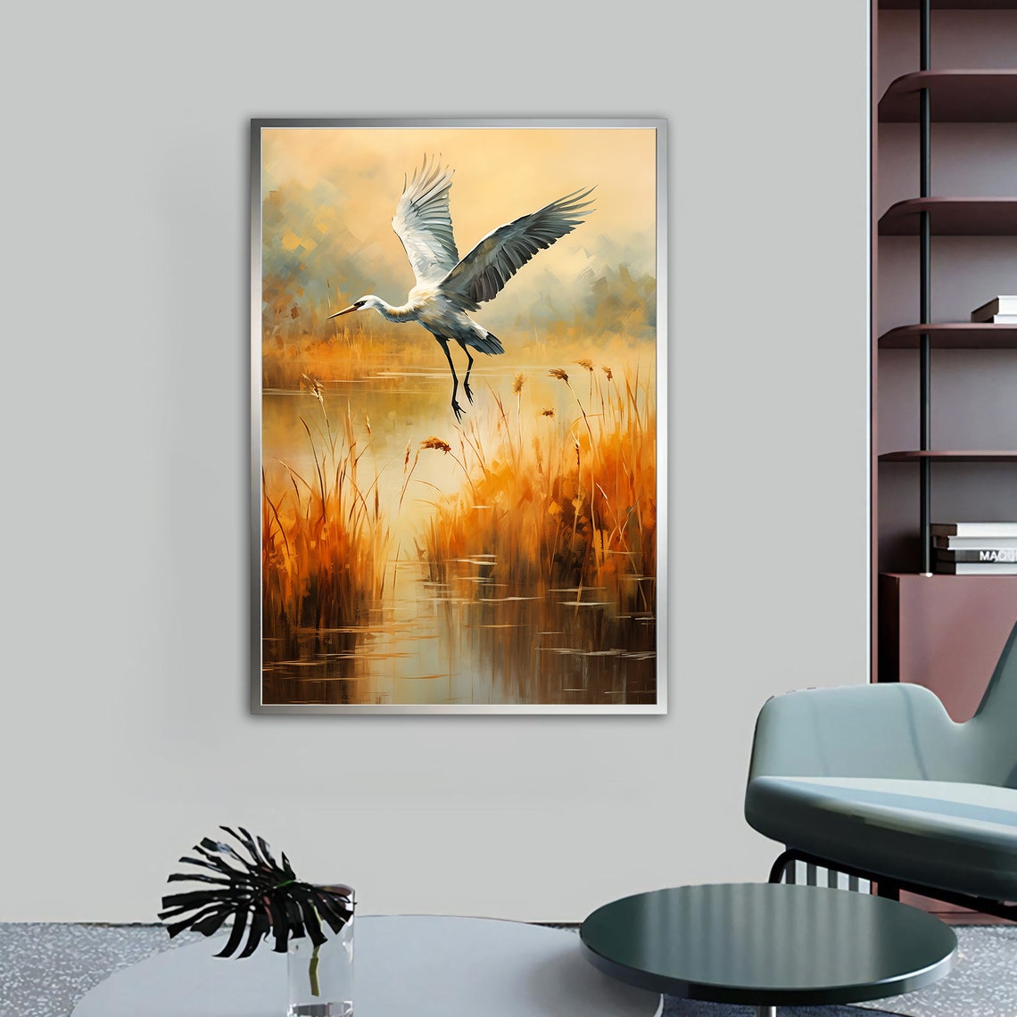 White Crane Flying Over Golden Autumn Marsh Reeds Nature Poster - Image 4