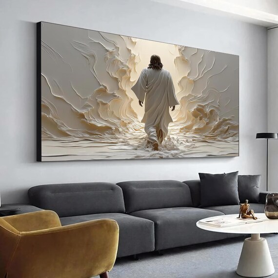 Jesus Walking Through Parted Sea Cream White Ethereal Painting Poster