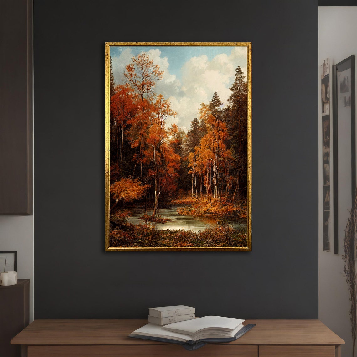 Autumn Birch Forest Golden Stream Fall Foliage Landscape Art Poster - Image 3