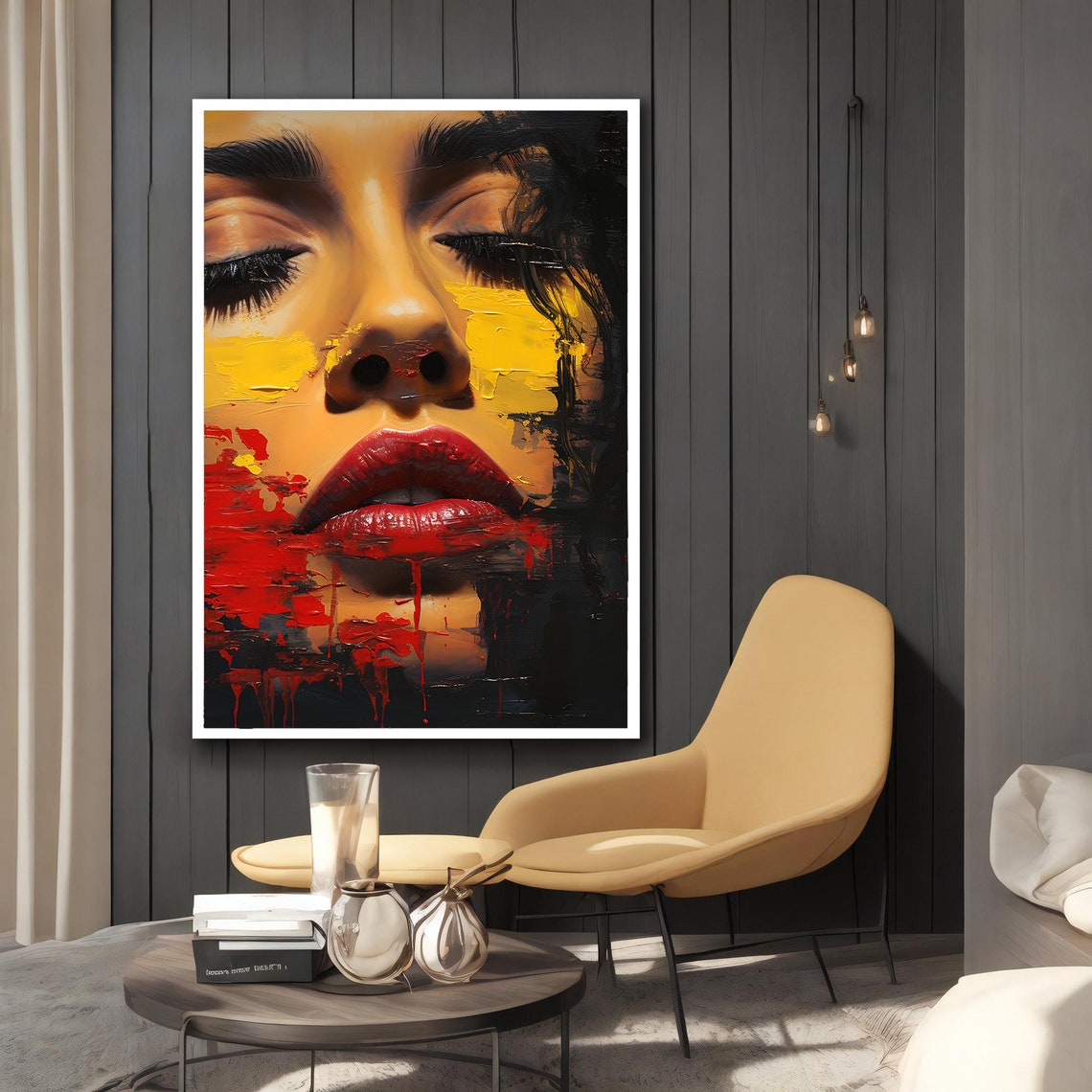 Close Up Woman Red Lips Abstract Face Yellow Drip Art Wall Poster - Image 4
