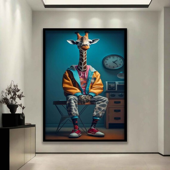 Funny Giraffe Hip Hop Outfit Streetwear Retro Room Colorful Animal Wall Art