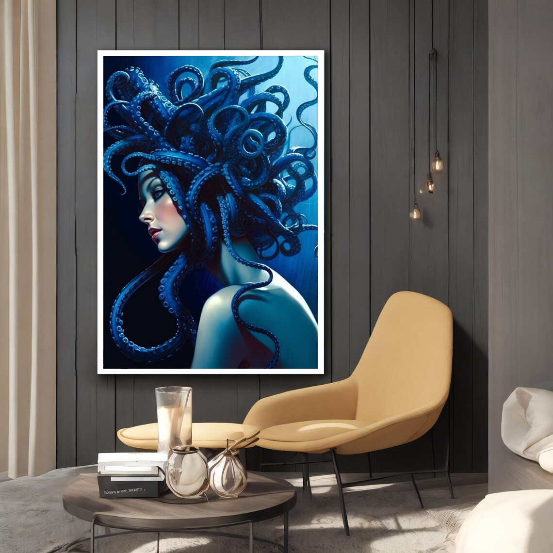 Woman Octopus Tentacle Hair Blue Surreal Sea Goddess Art Poster - Image 2